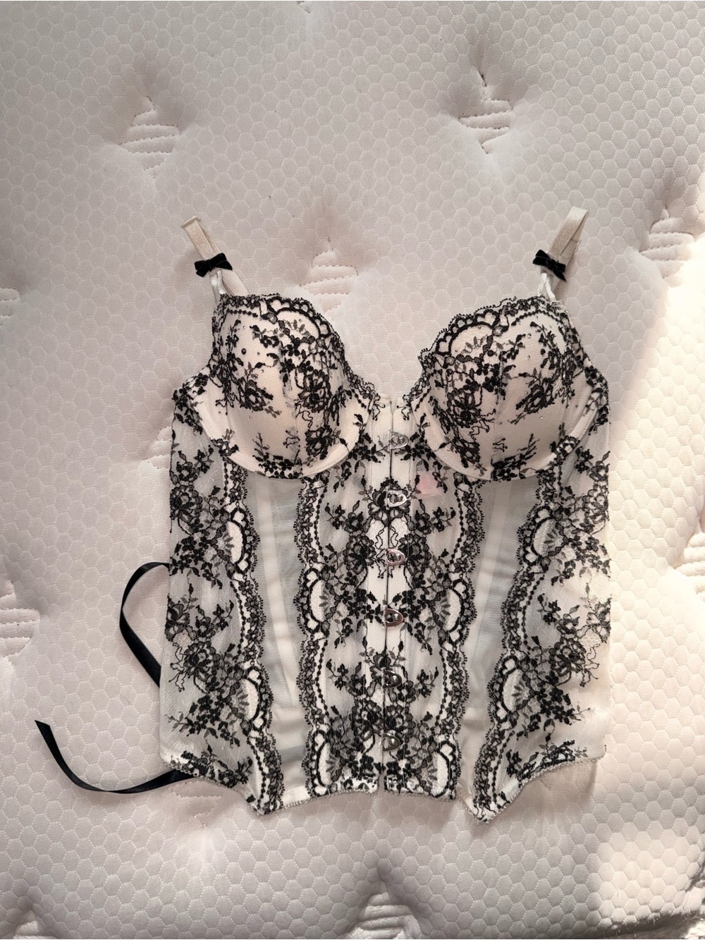 Victoria's Secret White Bustier with Black Lace Overlay 34B whimsical goth